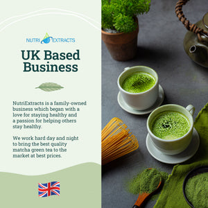 Inforgraphics explain about nutriextracts and on the side to matcha cups with whisk