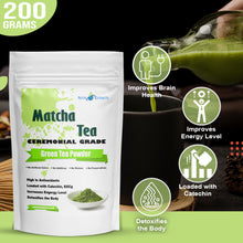 Load image into Gallery viewer, Matcha Tea 200g Pouch with Benefits listed